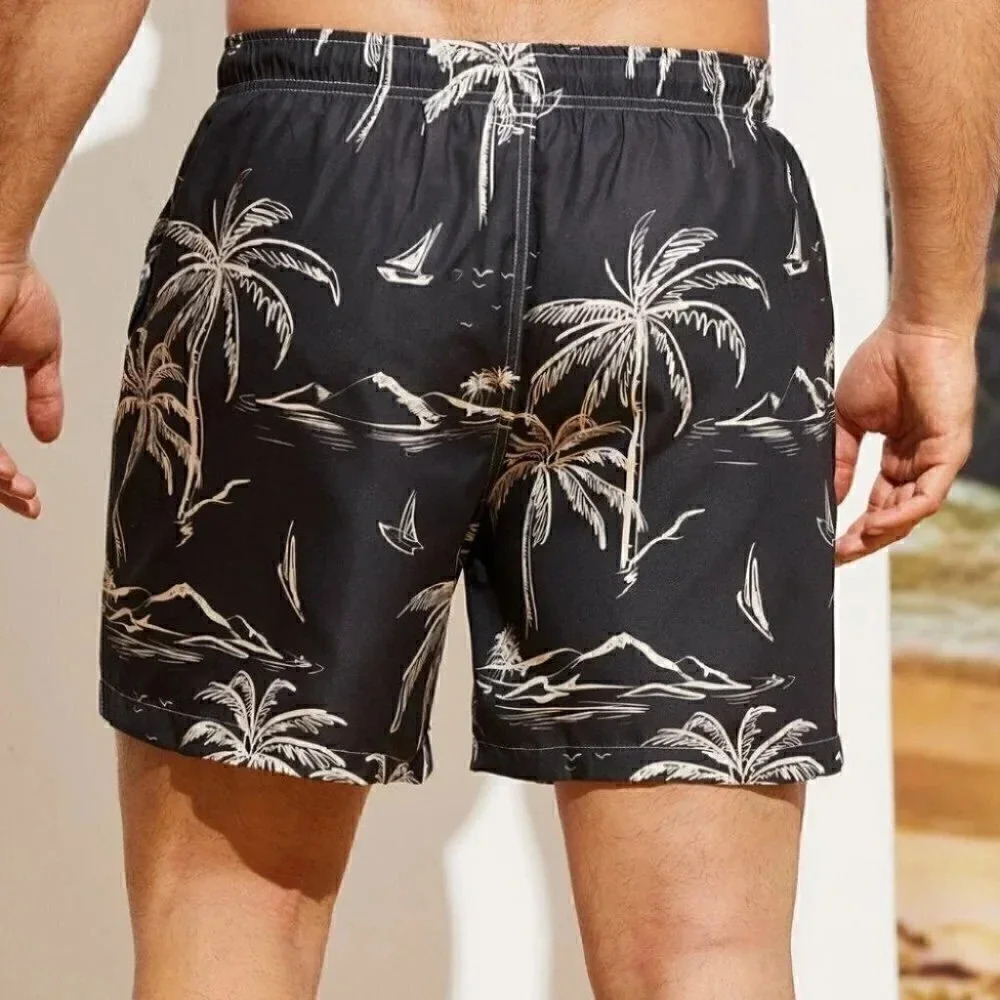 Black Vacation Style Men's Coconut Tree Print Swim Trunks - Picture 2 of 5